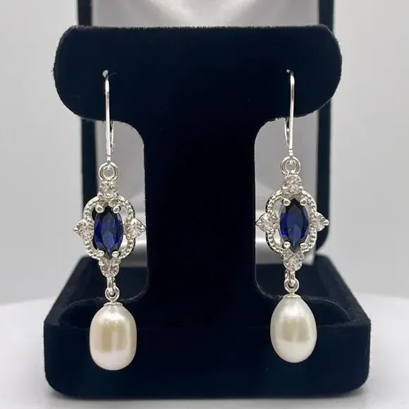 Genuine Pearls & Sapphire Earrings Sterling Silver Drop Dangle Pearl Earrings - Picture 1 of 3